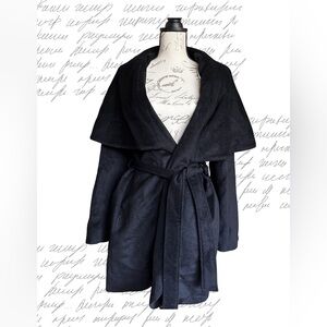 Tahari Black Wrap Trench Coat with Self Tie Belt